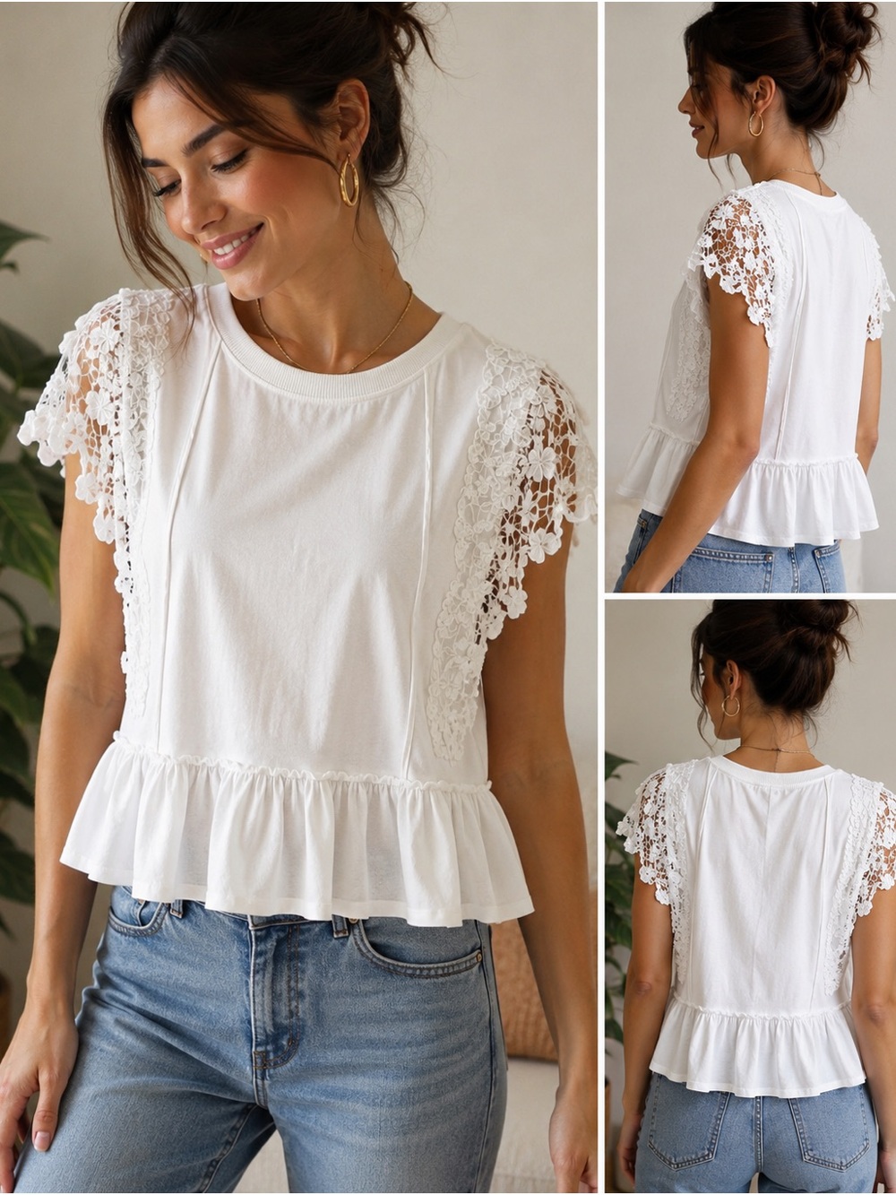 Anthropologie White Lace-Sleeve Peplum Top - Picture 1 of 7